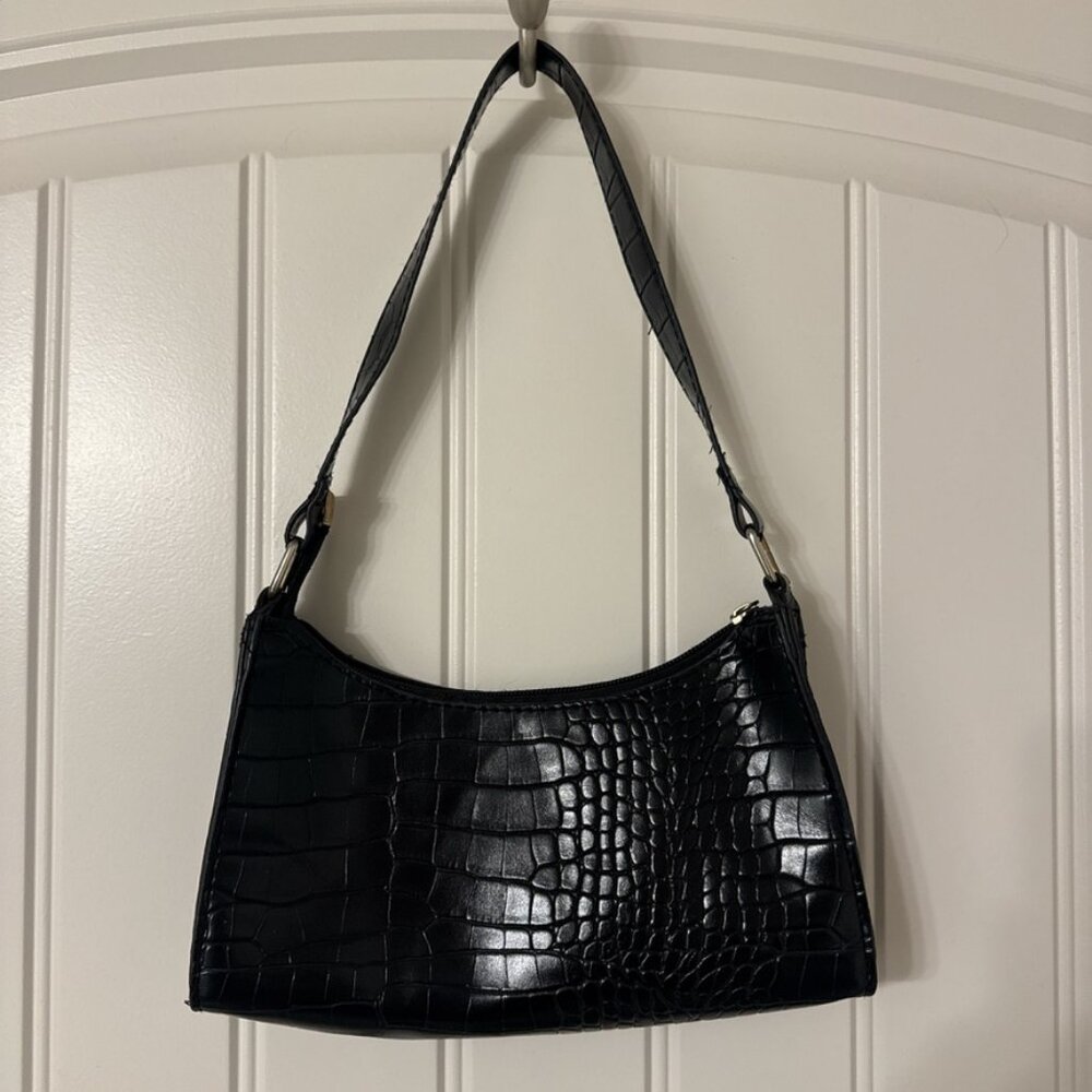 Black Croc Print Matte Leather Shoulder Bag